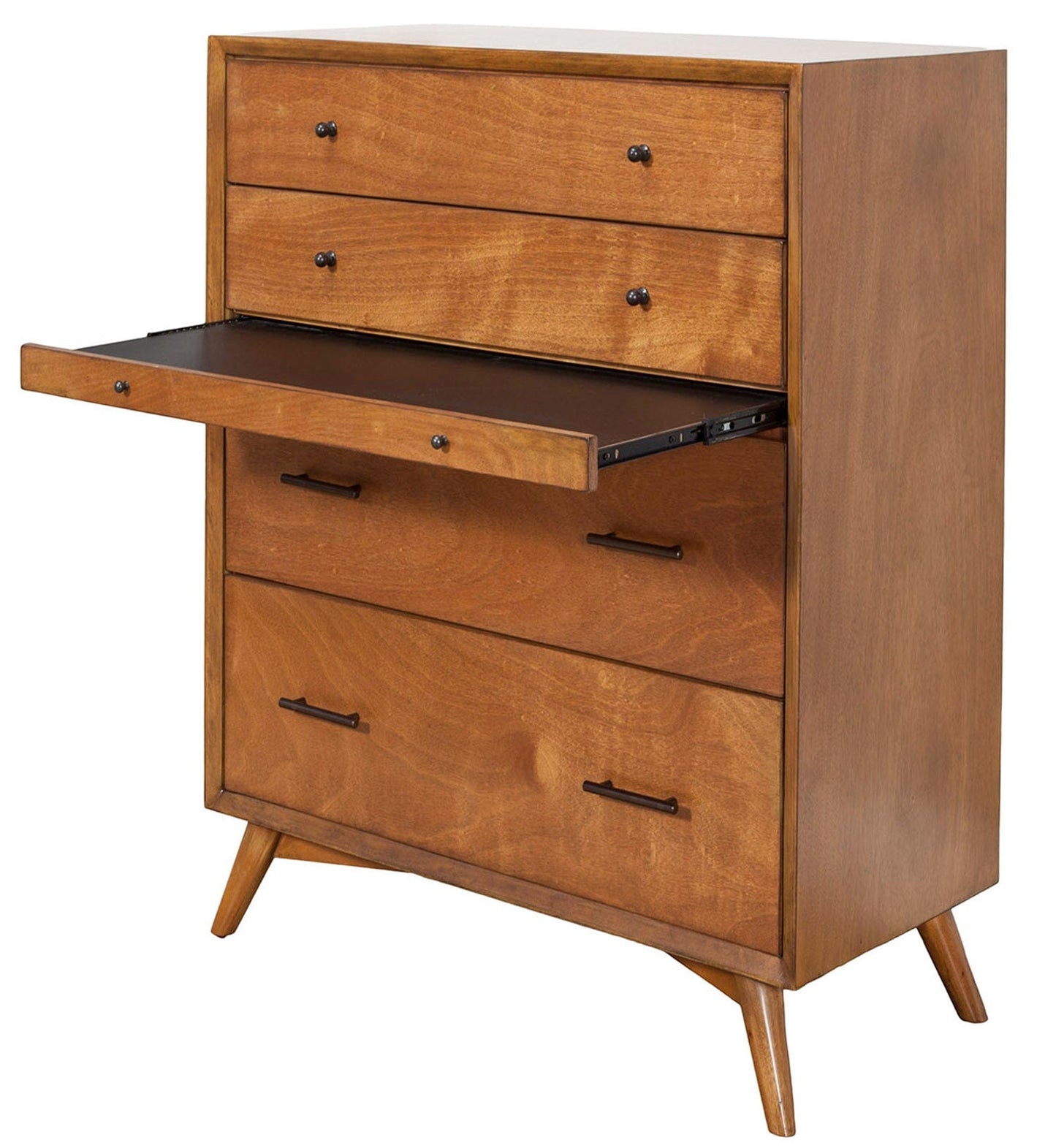 Flynn Mid Century Modern 4 Drawer Multifunction Chest w/Pull Out Tray, Acorn