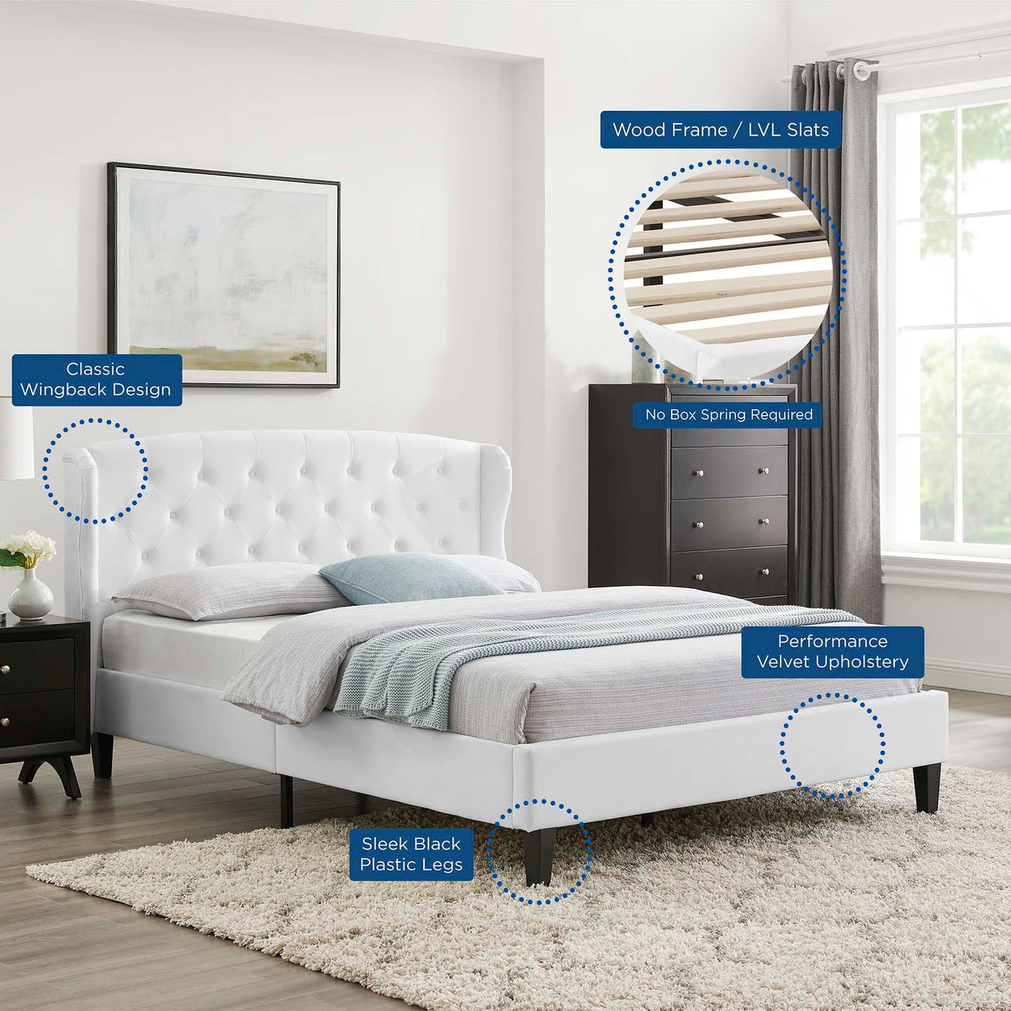 Penelope Queen Tufted Wingback Performance VelvetPlatform Bed