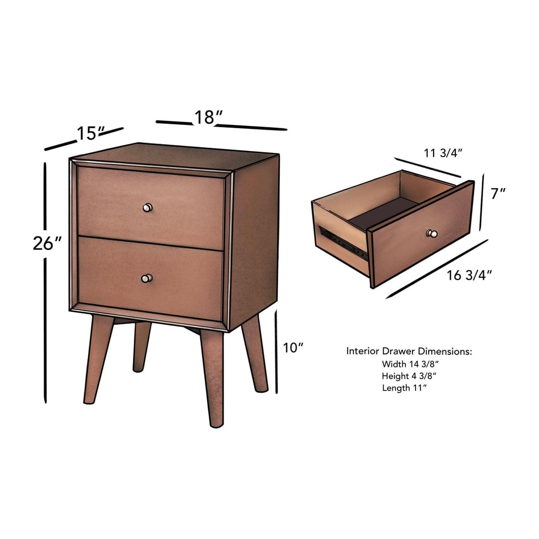 Flynn Mid Century modern Nightstand, Acorn
