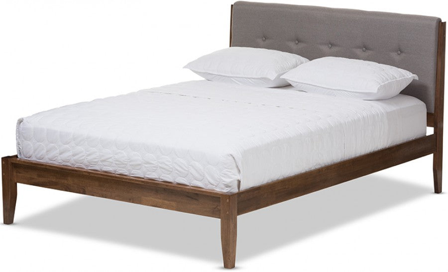 Baxton Studio Leyton Platform Bed, Light Grey Fabric and Medium Brown Finish