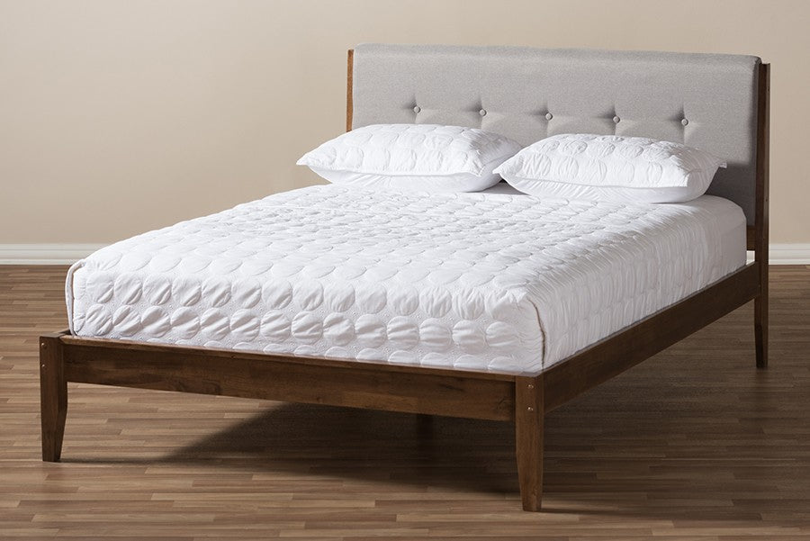 Baxton Studio Leyton Platform Bed, Light Grey Fabric and Medium Brown Finish
