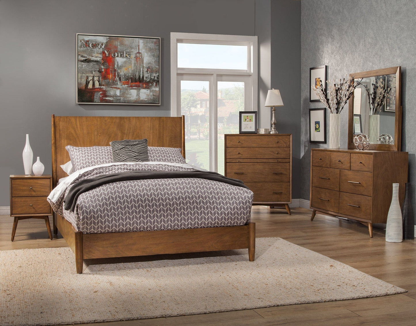 Alpine Furniture BED Flynn Mid Century Modern Queen Panel Bed, Acorn 966-01Q