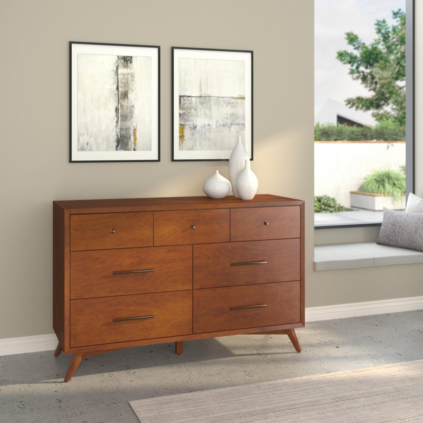 Alpine Furniture DRESSERS & CHEST Flynn Mid Century Modern 7 Drawer Dresser, Acorn 966-03