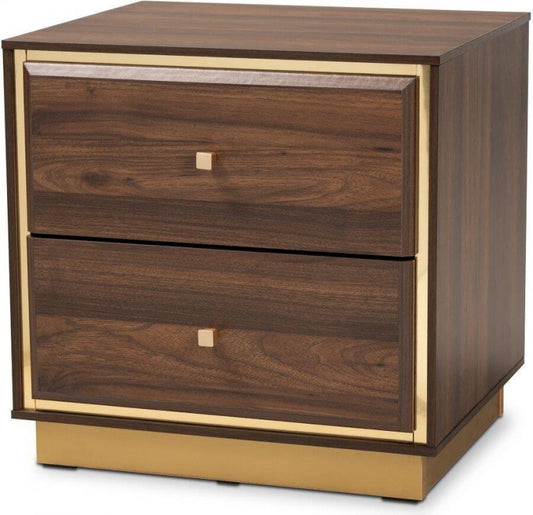Baxton Studio Cormac Mid-Century Modern Transitional Walnut Brown Finished Wood and Gold Metal 2-Drawer Nightstand
