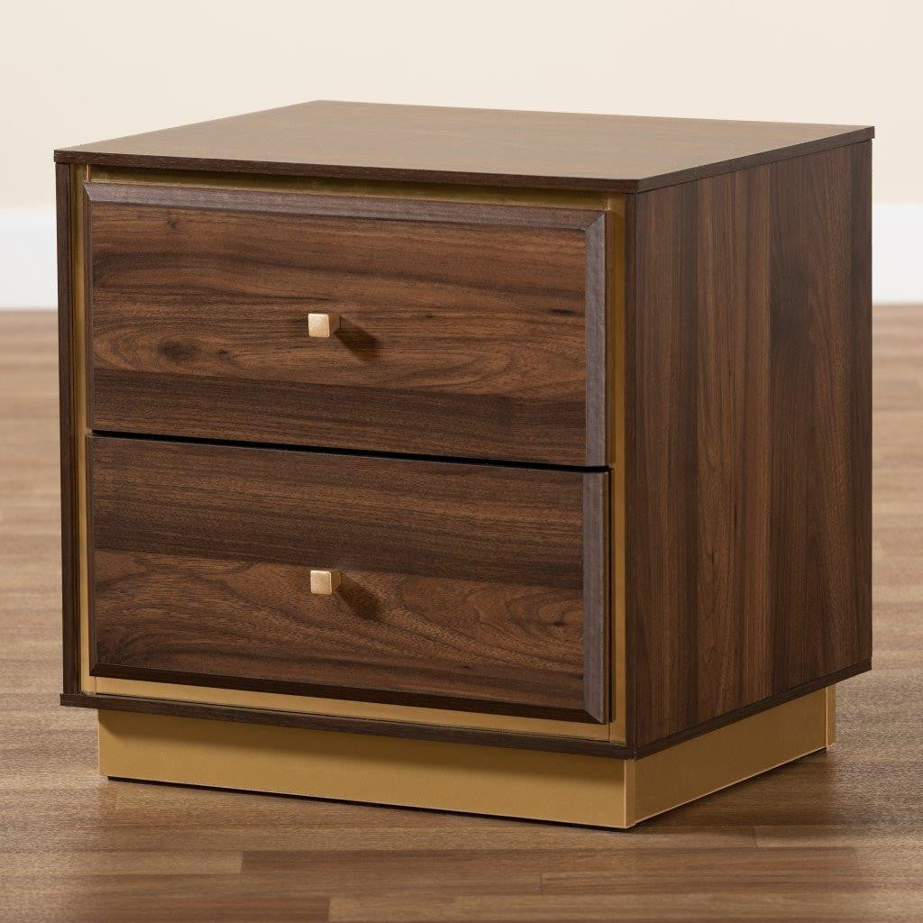 Baxton Studio Cormac Mid-Century Modern Transitional Walnut Brown Finished Wood and Gold Metal 2-Drawer Nightstand