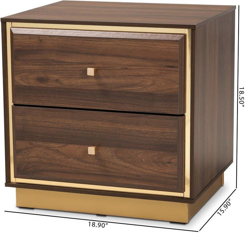 Baxton Studio Cormac Mid-Century Modern Transitional Walnut Brown Finished Wood and Gold Metal 2-Drawer Nightstand