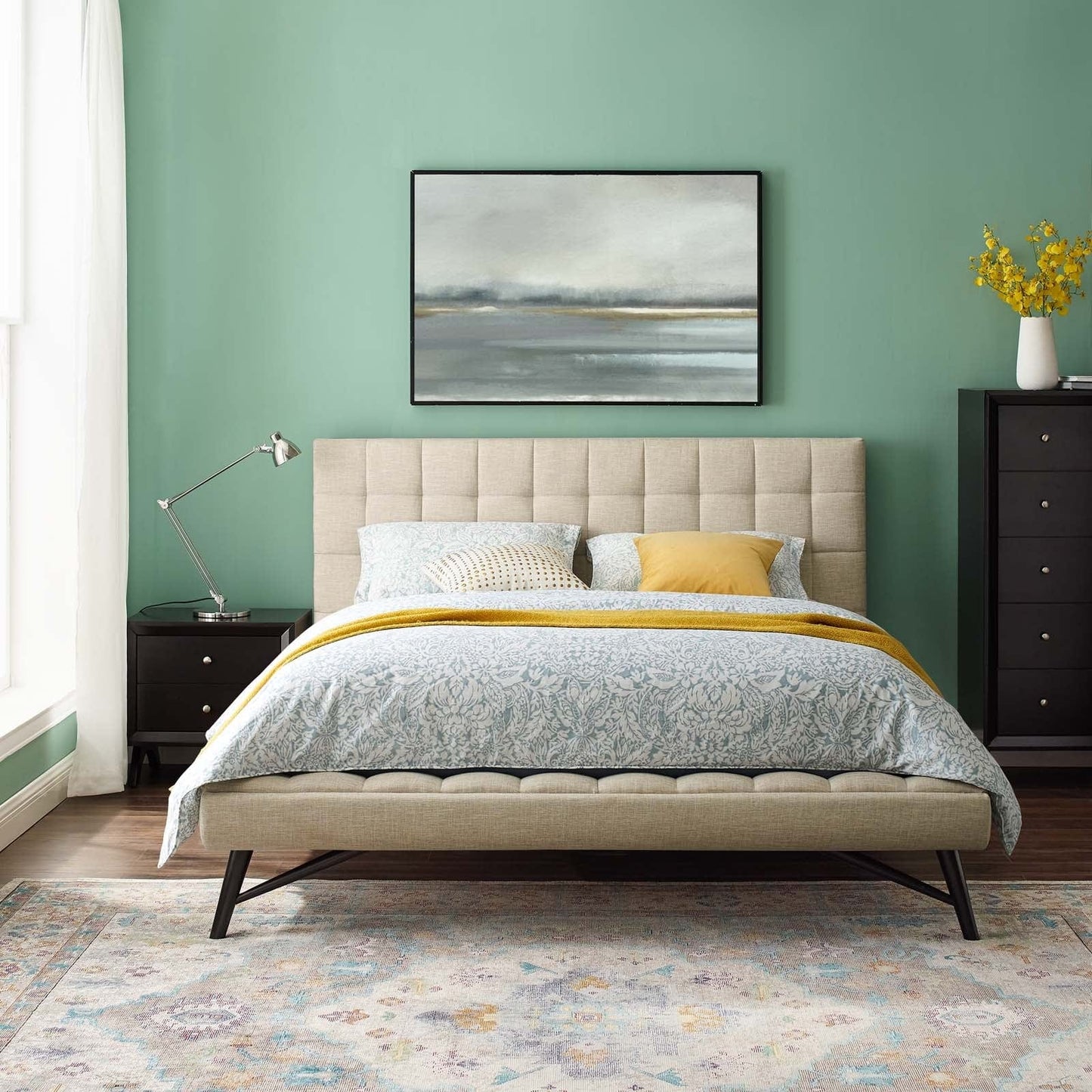 Modway Beds & Bed Frames Beige Julia Queen Biscuit Tufted Upholstered Fabric Platform Bed MOD-6007-BEI