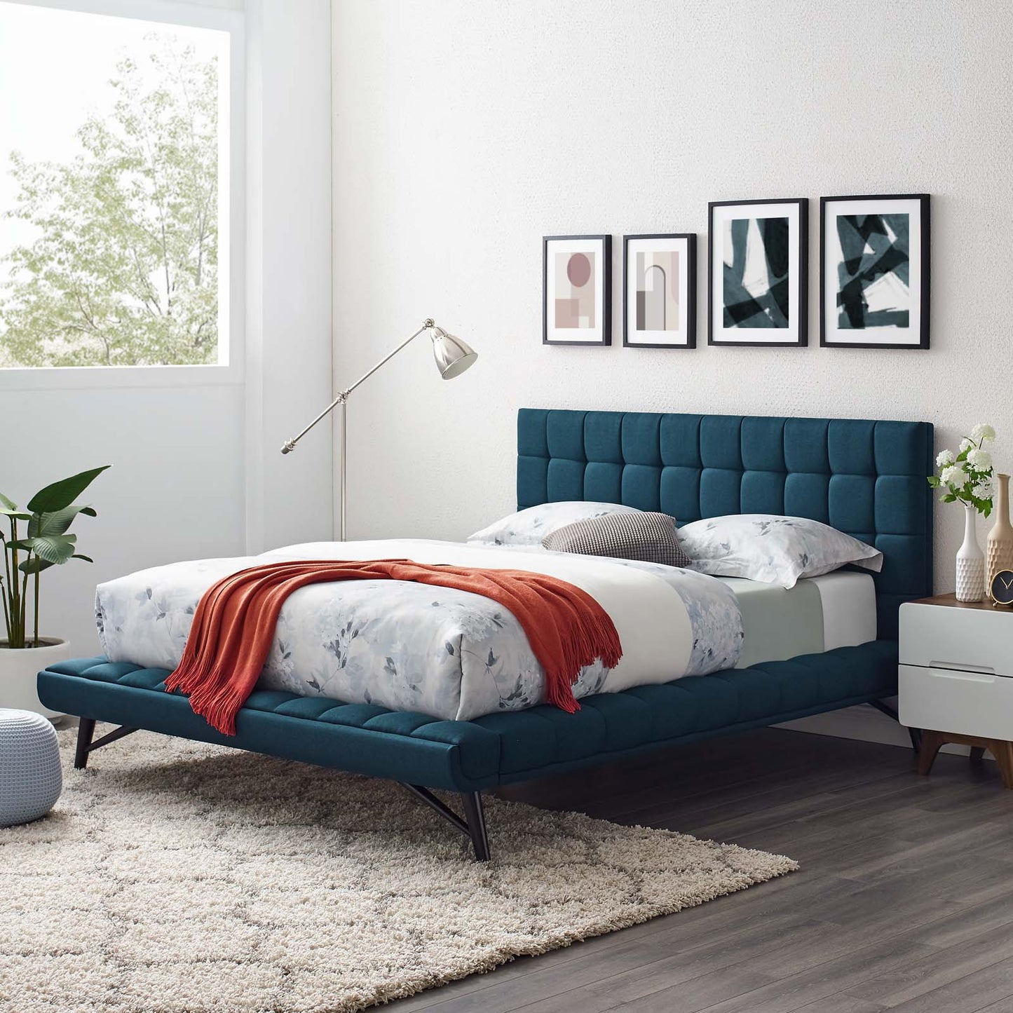Modway Beds & Bed Frames Blue Julia Queen Biscuit Tufted Upholstered Fabric Platform Bed MOD-6007-BLU
