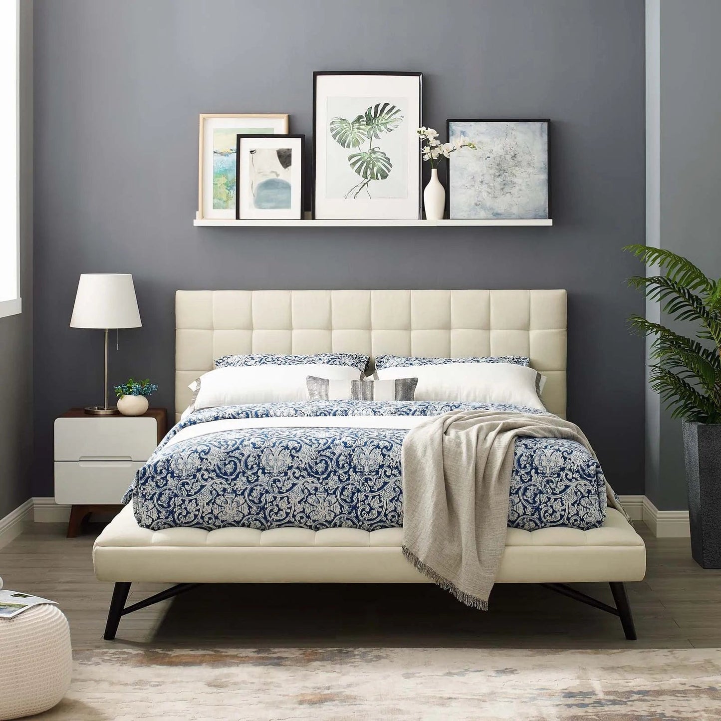 Modway Beds & Bed Frames Ivory Julia Queen Biscuit Tufted Upholstered Fabric Platform Bed MOD-6007-IVO