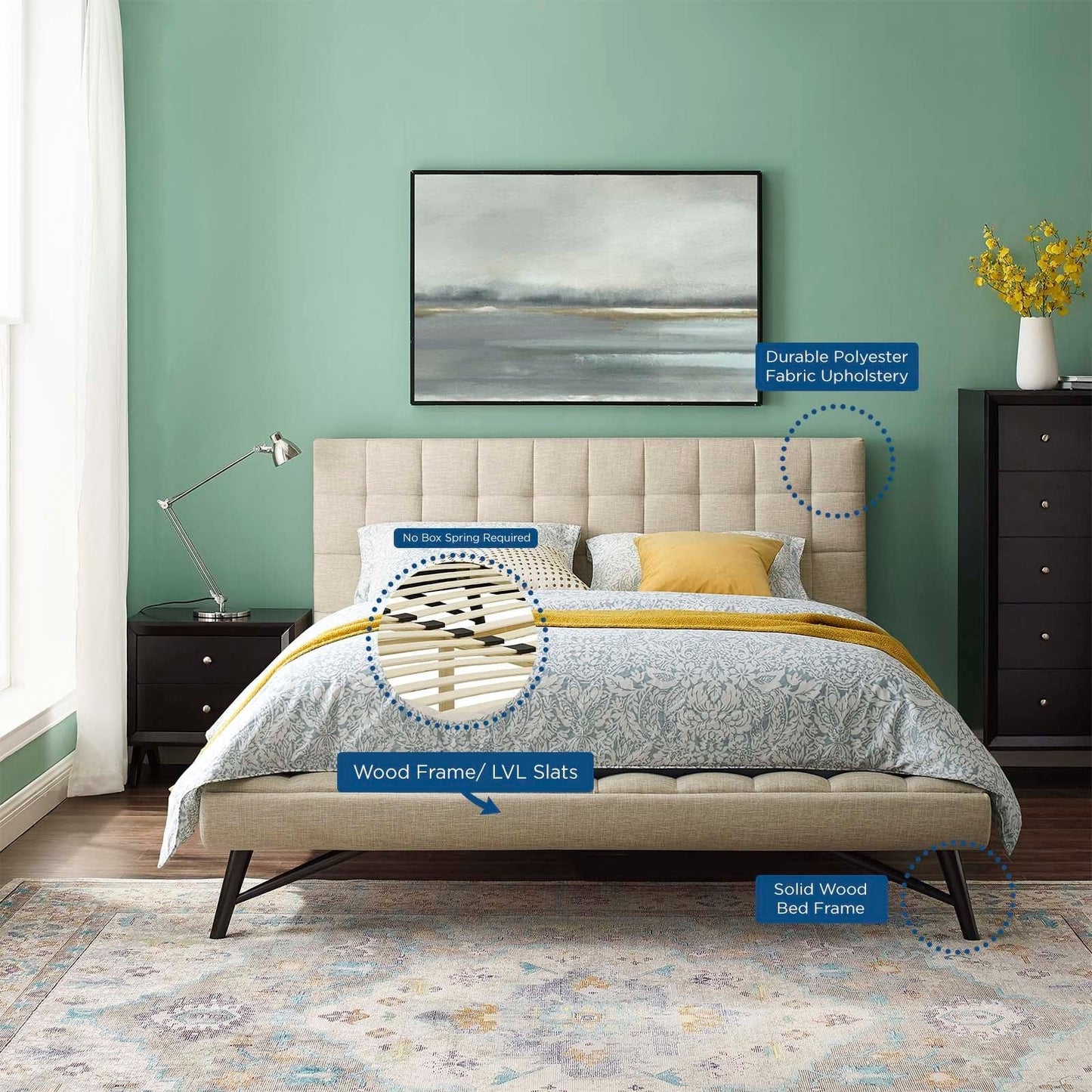 Modway Beds & Bed Frames Julia Queen Biscuit Tufted Upholstered Fabric Platform Bed