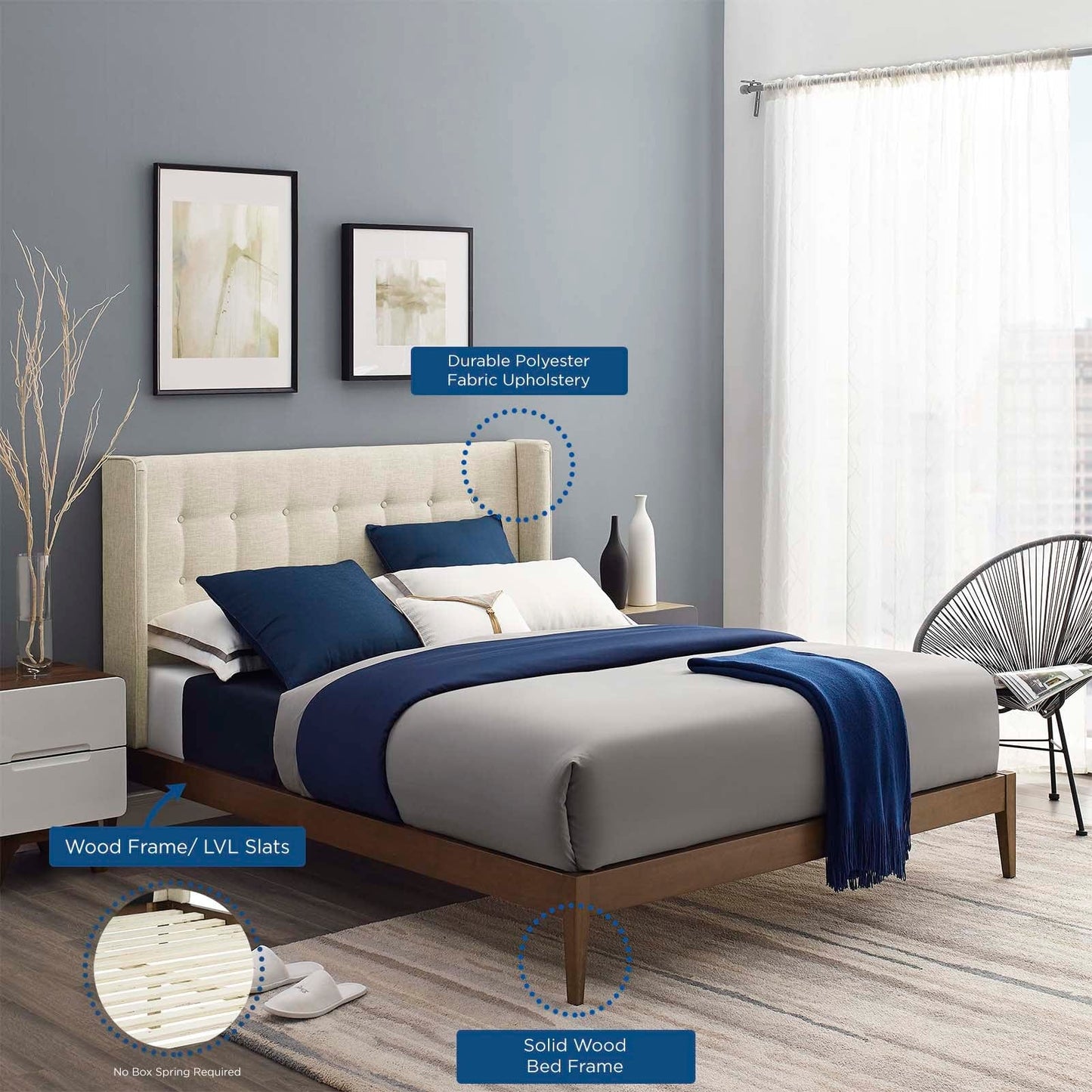 Modway Hadley Wingback Upholstered Polyester Fabric Platform Bed MOD-6003-BEI