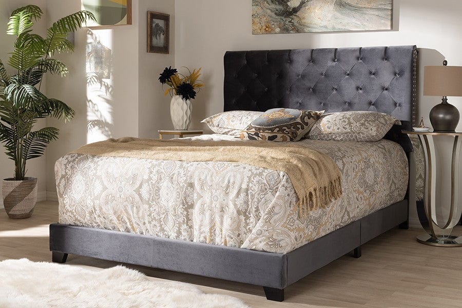 Baxton Studio Queen Candace Luxe and Glamour Dark Grey Velvet Upholstered Bed