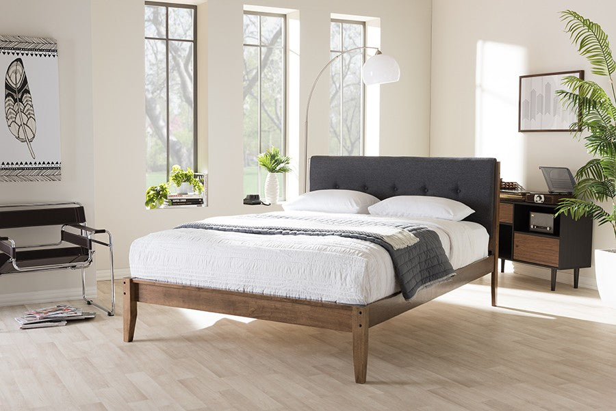 Baxton Studio Leyton Platform Bed, Light Grey Fabric and Medium Brown Finish