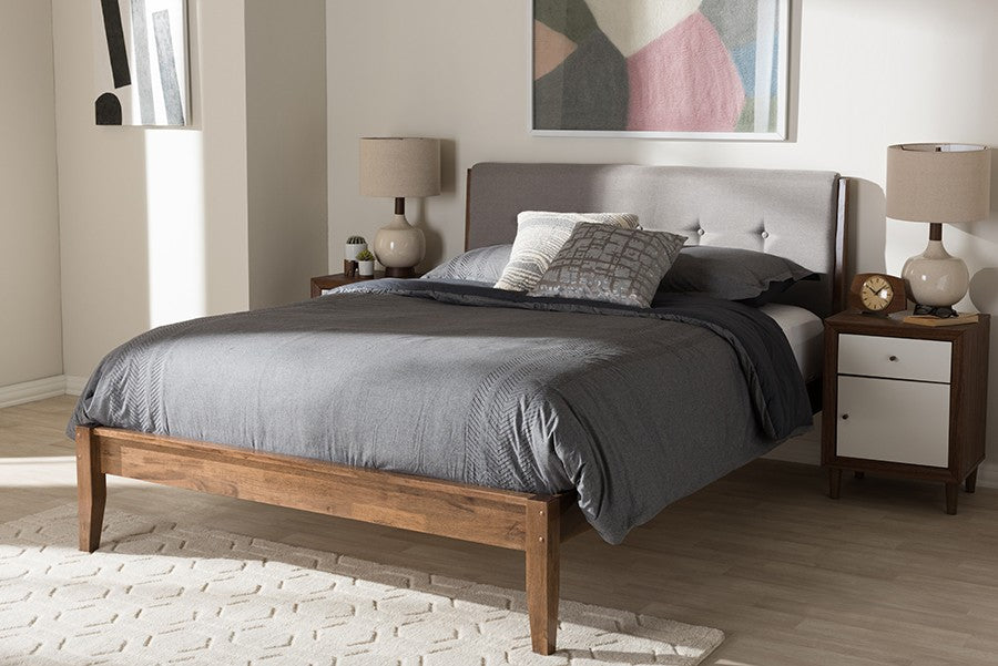 Baxton Studio Leyton Platform Bed, Light Grey Fabric and Medium Brown Finish