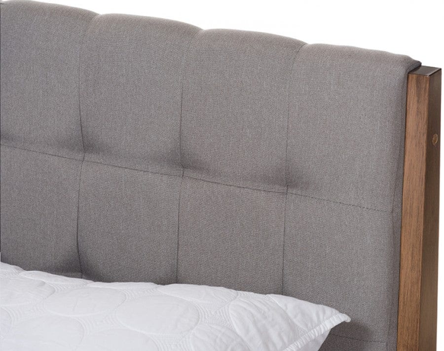 Baxton Studio Clifford Mid-Century Dark Grey Fabric and Medium Brown Finish Wood Queen Size Platform Bed