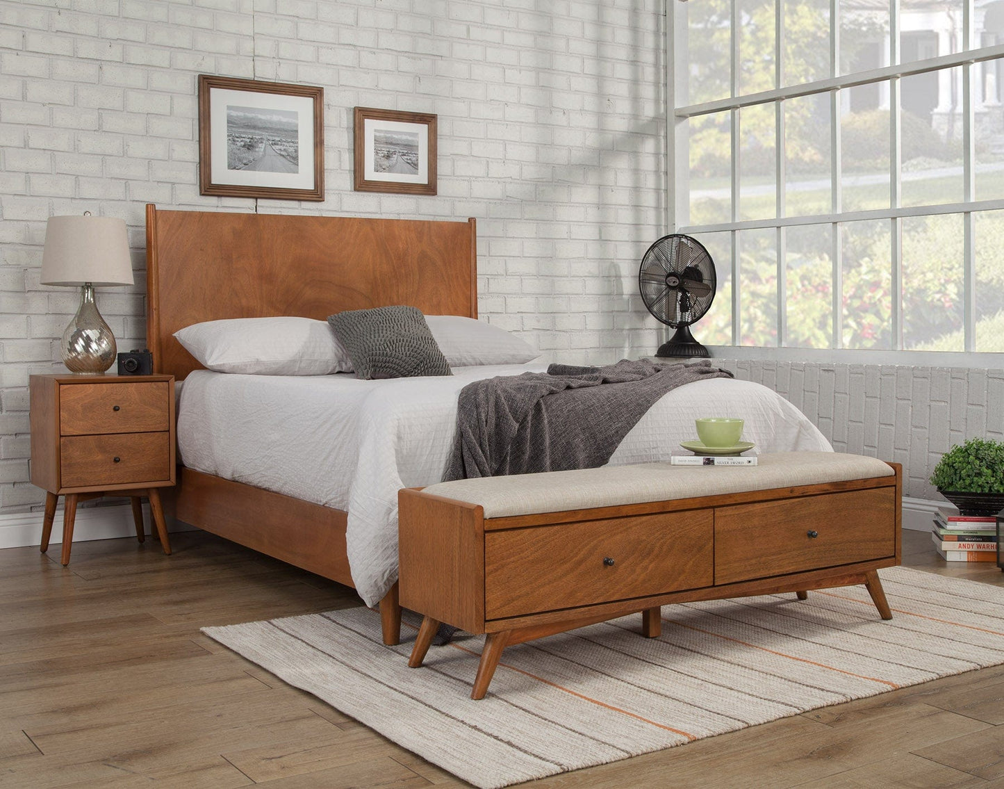 Alpine Furniture BED Flynn Mid Century Modern Queen Panel Bed, Acorn 966-01Q