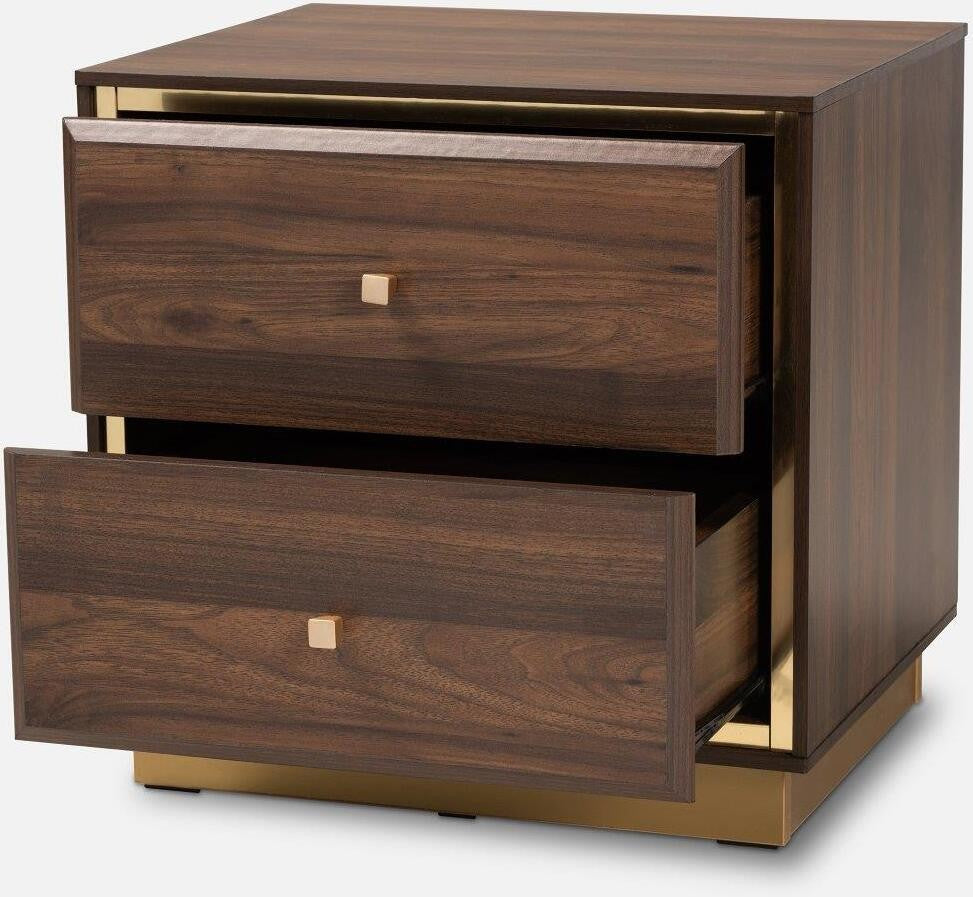 Baxton Studio Cormac Mid-Century Modern Transitional Walnut Brown Finished Wood and Gold Metal 2-Drawer Nightstand