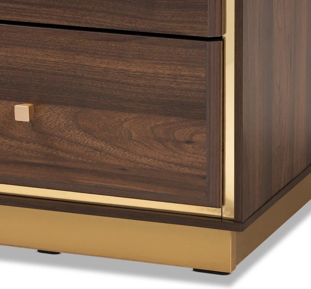 Baxton Studio Cormac Mid-Century Modern Transitional Walnut Brown Finished Wood and Gold Metal 2-Drawer Nightstand